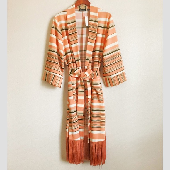 7th Avenue Striped Fringed Kimono Jacket Robe - Picture 2 of 13